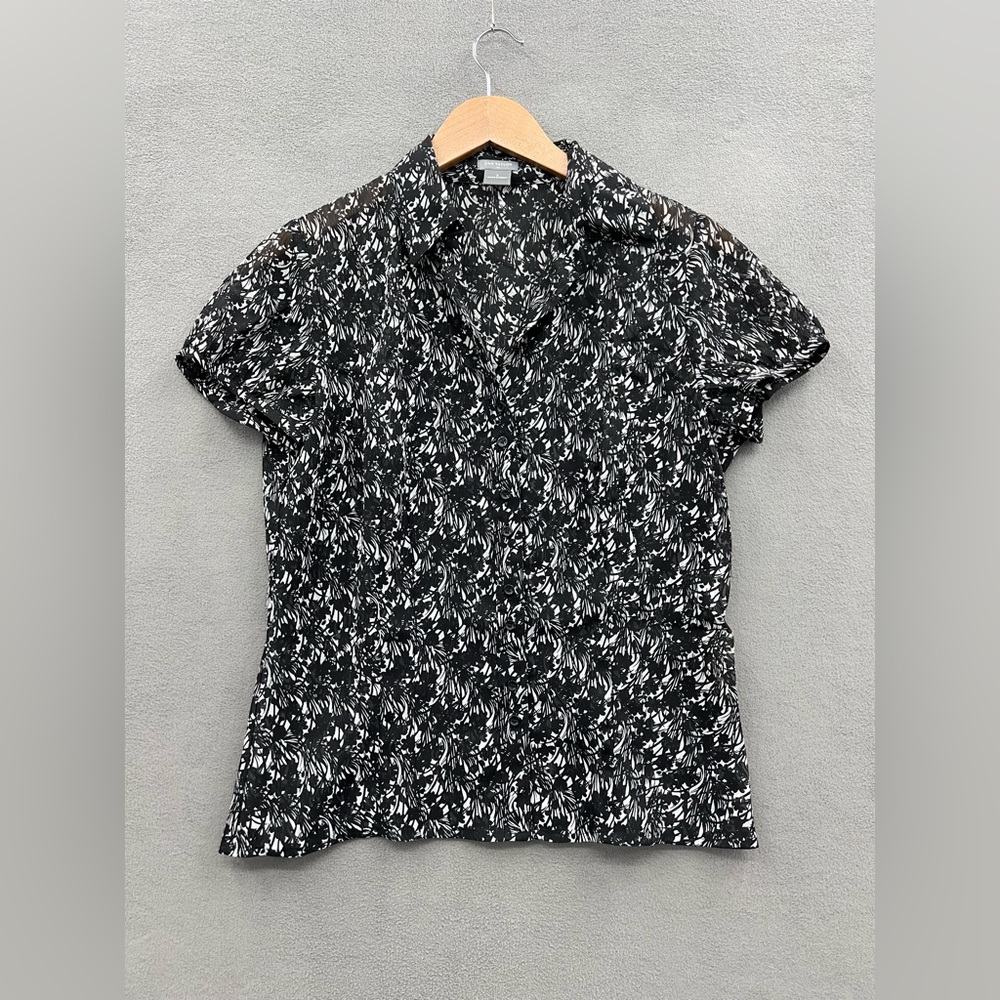 Ann Taylor Women's Size 6 Black Sheer Floral Button Up Blouse